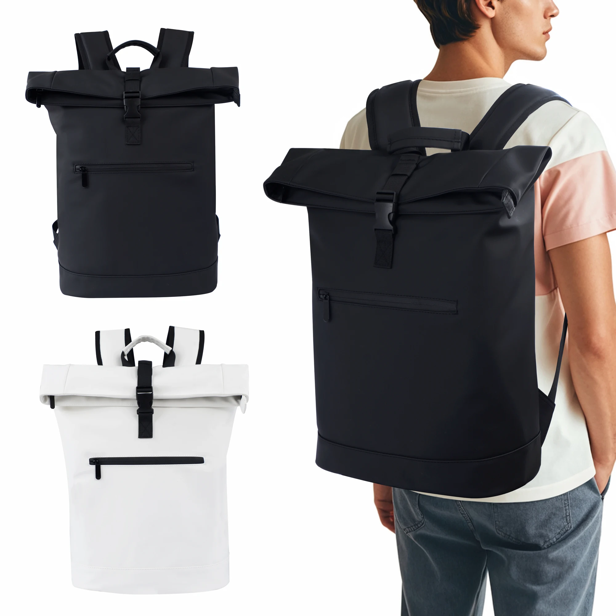 H644af91c95f74a07be2708d8729ebf00o.webp Waterproof Roll Top Backpack Large Capacity Business Casual Schoolbag Travel Bag Zipper Polyester Fashionable Computer Bag - Image 1